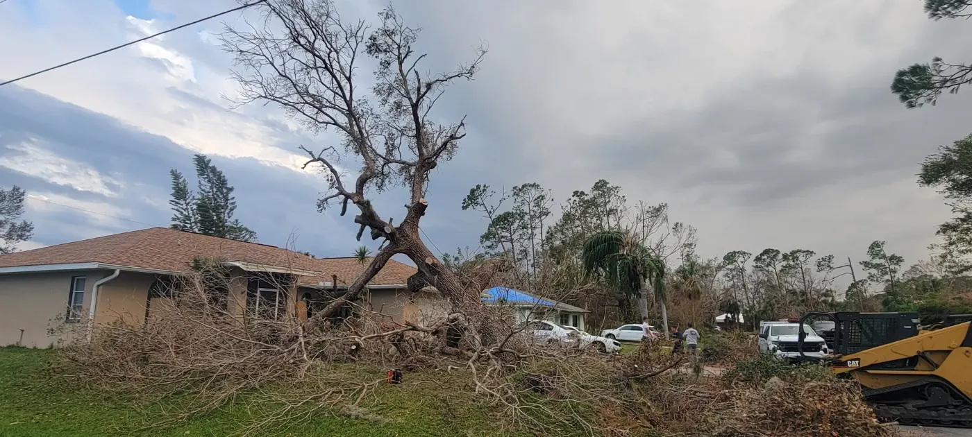 Storm-broken tree and debris beside a damaged house after a hurricane